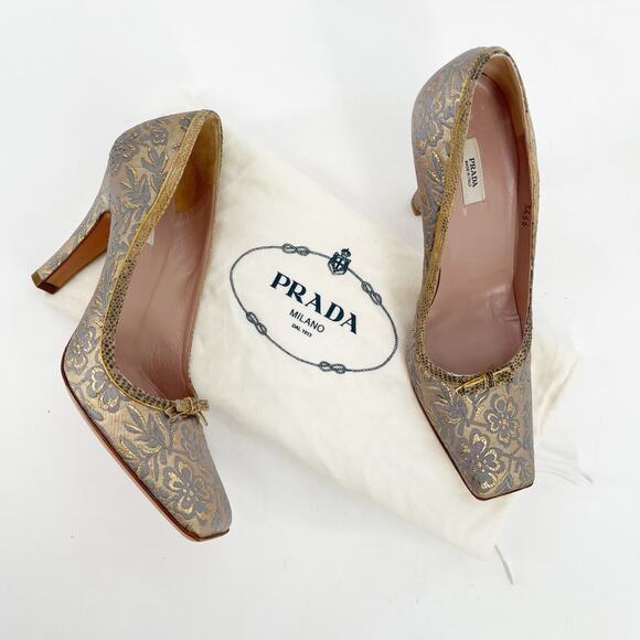 Prada Vintage Gold Floral Brocade Snakeskin Trim Bow Square Toe Heel IT 36.5 - Picture 1 of 11